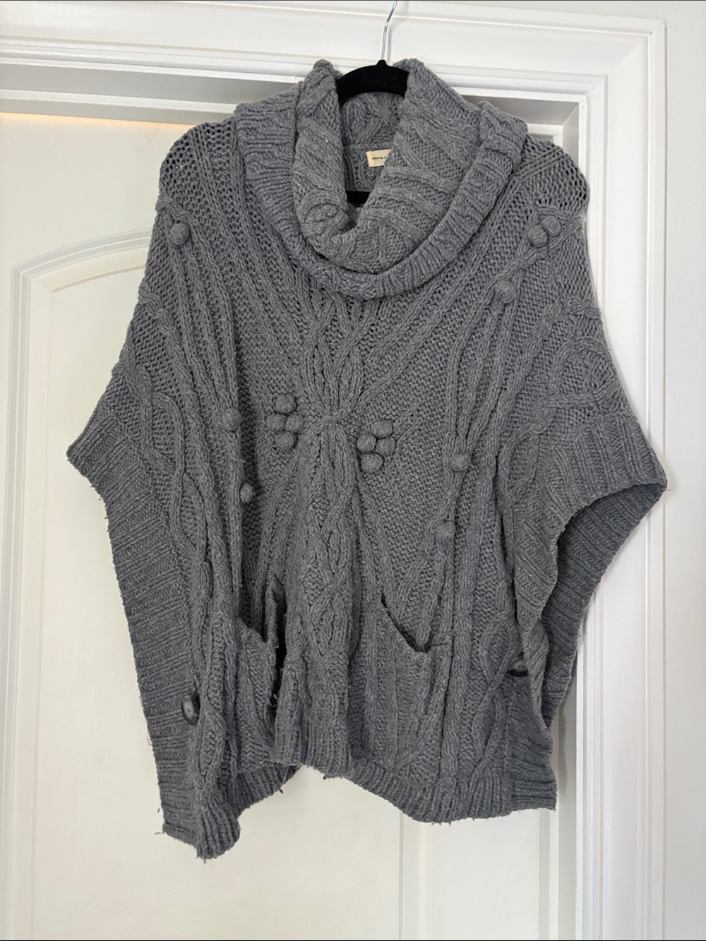 Anthropologie Sleeping on Snow Cozy Gray Cable-Knit Cowl Neck Poncho Sweater